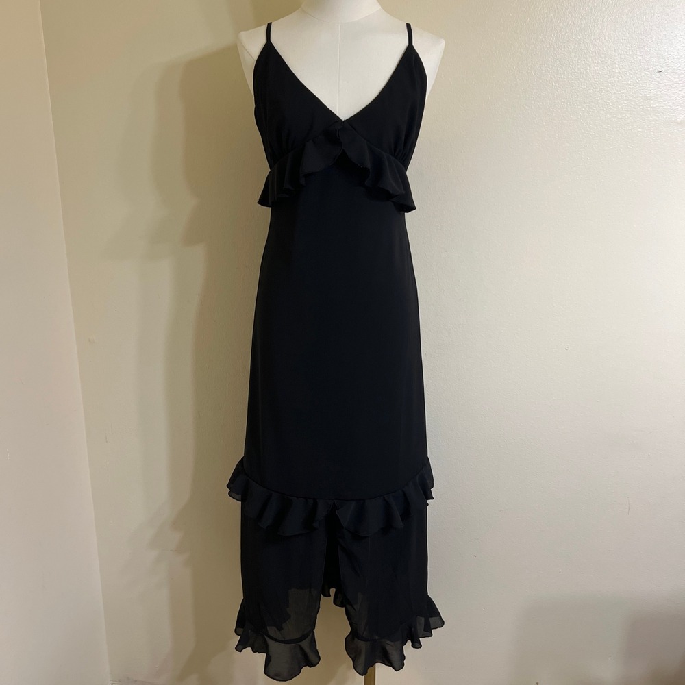 Magnolia Boutique Black Ruffle Midi Dress Adj. Straps Womens Medium